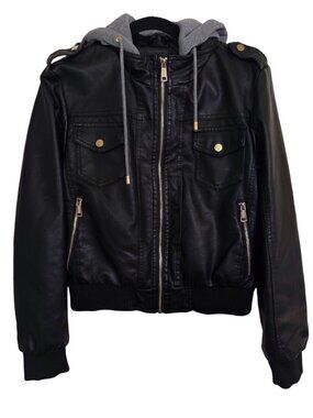 NEW Wantdo Faux Leather Bomber Moto Jacket w/ Removable Hood Black & Gray Size S